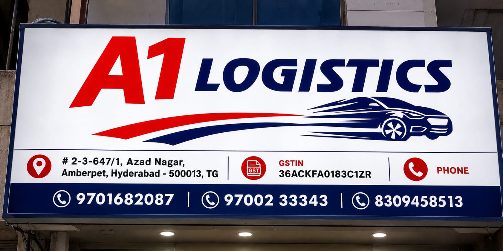 A1 Logistics Registered Office Signboard Amberpet Hyderabad